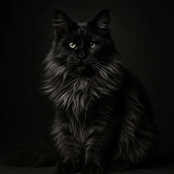 Discover a puzzle with a striking black long‑haired cat portrait, its silky fur highlighted with silver tones and luminous green eyes set against a deep, moody
