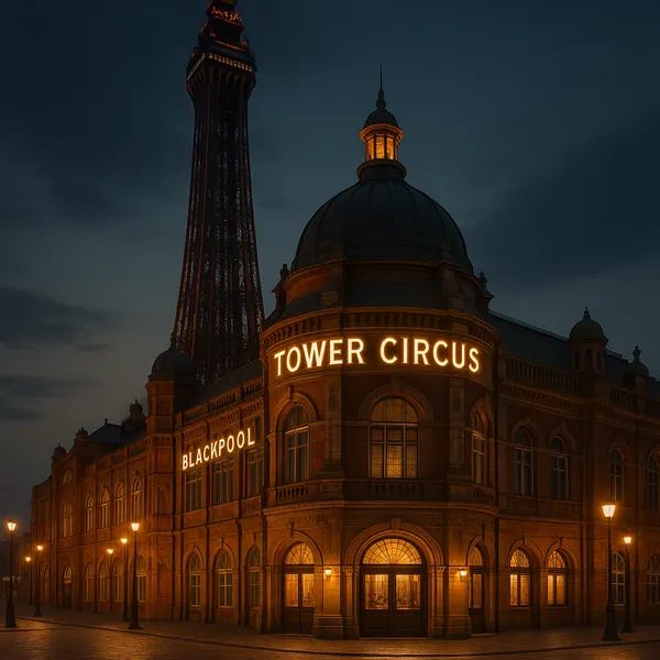 Discover a puzzle with a warmly lit historic theatre façade at dusk, its rounded dome and arched windows glowing in amber against a deep blue evening sky.
