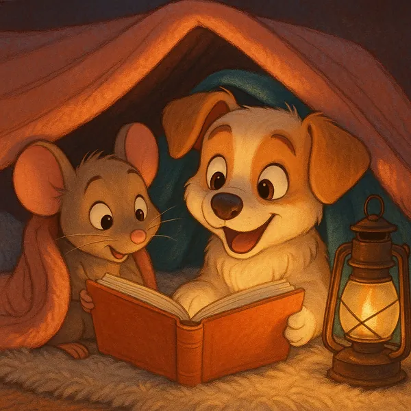 Enjoy assembling a puzzle depicting a cozy blanket-fort scene where a cheerful puppy and an eager little mouse read a story by a glowing lantern.