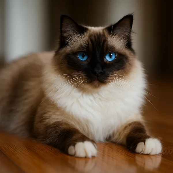 Discover a puzzle with a close-up portrait of a fluffy Ragdoll-style cat — creamy fur, warm brown points, and striking deep blue eyes set against a softly blurr