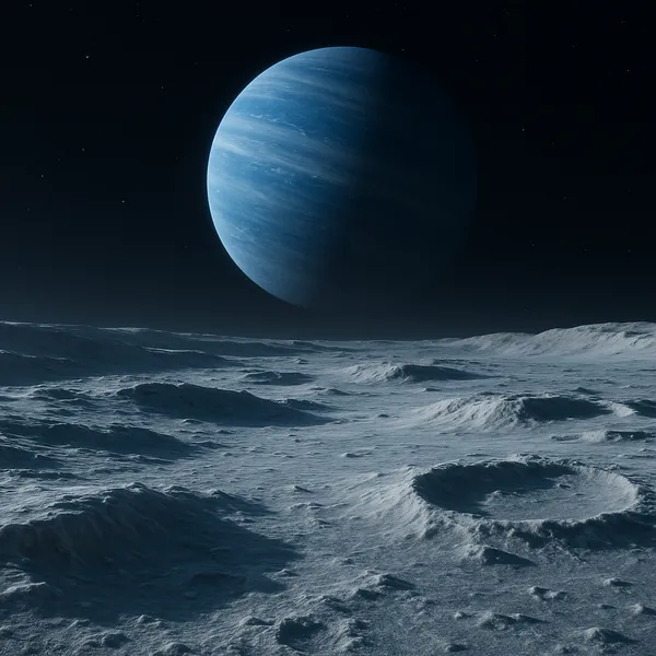 This online jigsaw puzzle features a tranquil extraterrestrial scene perfect for space lovers, showcasing a rugged moon-like landscape beneath a giant blue gas