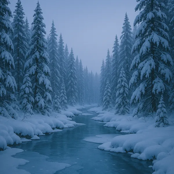 Discover a puzzle with a serene winter river winding through a forest of tall, snow-laden evergreens.