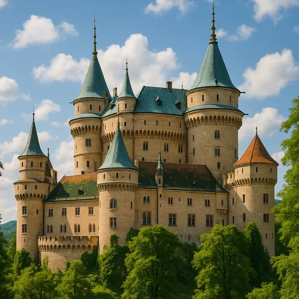 Discover a puzzle with a fairytale stone castle crowned by teal conical roofs and graceful turrets standing against a bright blue sky dotted with fluffy clouds.