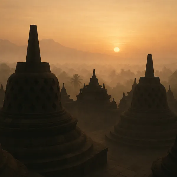 Discover a puzzle with a serene sunrise over ancient temple stupas shrouded in soft morning mist.