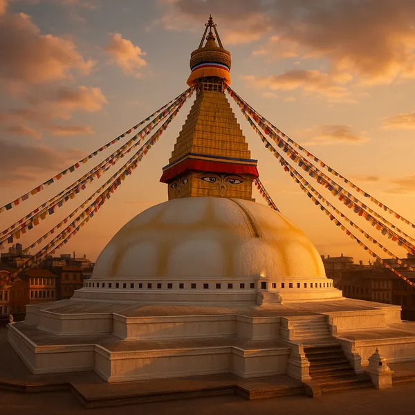 Discover a puzzle with a serene golden stupa bathed in warm sunset light, its white dome and tiered base contrasted by colorful prayer flags streaming from the
