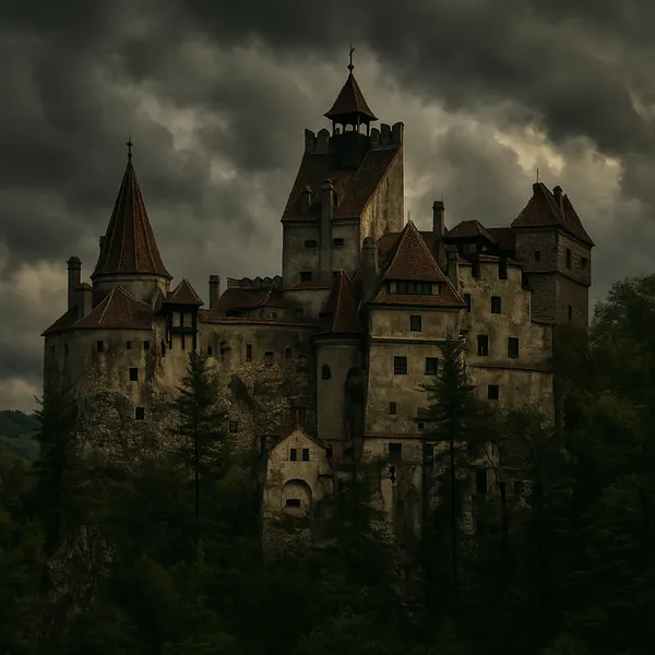Enjoy assembling a puzzle depicting an ancient stone castle perched above a shadowy forest under sweeping storm clouds.