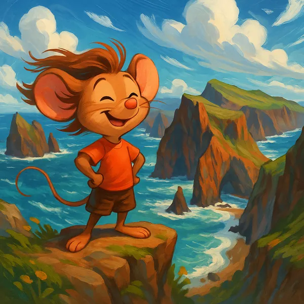 Enjoy assembling a puzzle depicting a cheerful little mouse standing proudly on a sunlit cliff overlooking a dramatic coastal landscape.