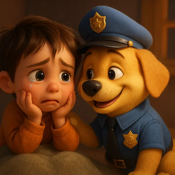 Enjoy an online jigsaw puzzle designed for browser play, featuring a warm scene of friendship between a comforting cartoon police dog and a tearful little boy.