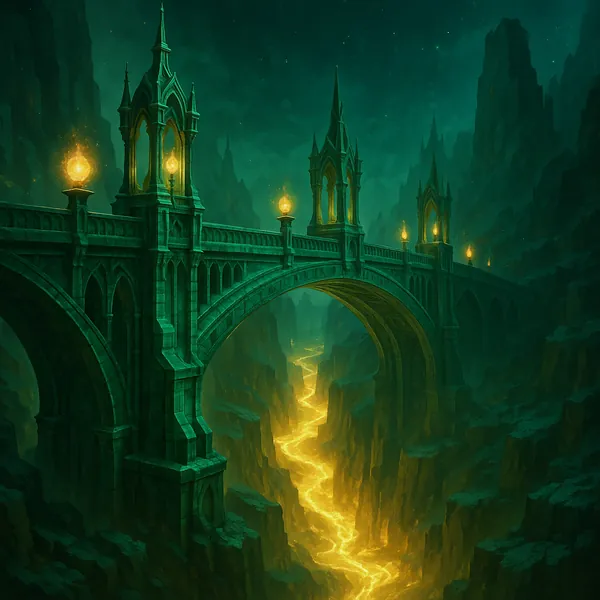 Discover a puzzle with a dramatic, gothic stone bridge arching over a glowing golden river of molten light carved through a misty canyon.