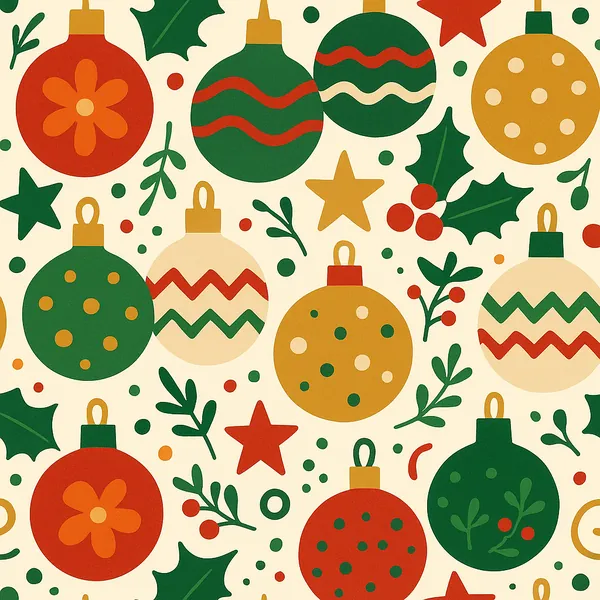 Enjoy an online jigsaw puzzle designed for browser play, featuring a festive holiday pattern of Christmas ornaments and seasonal foliage.