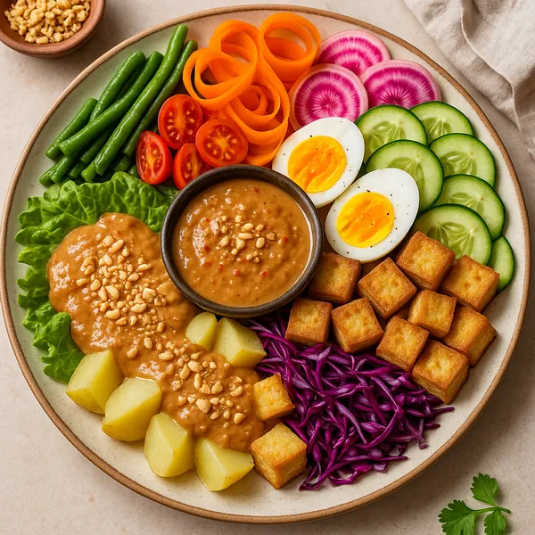 Discover a puzzle with a vibrant, artfully arranged Buddha bowl showcasing colorful vegetables, golden tofu cubes, halved eggs, creamy peanut sauce and neat sli