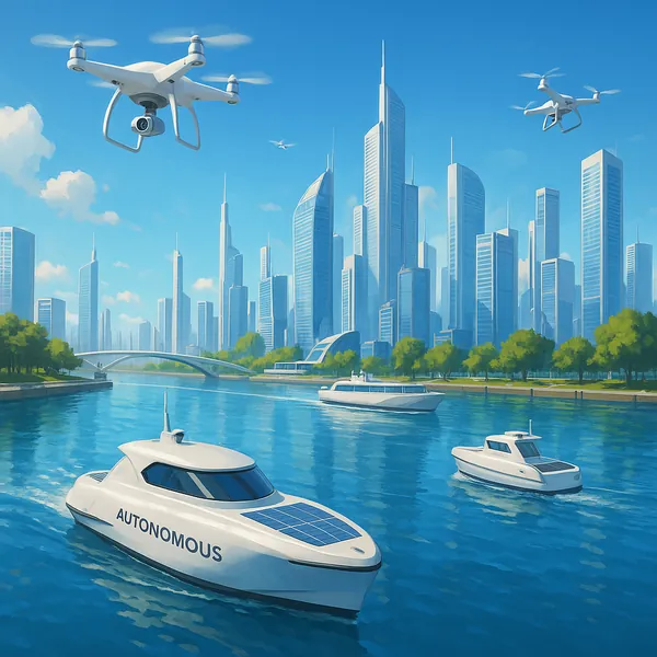 Enjoy an online jigsaw puzzle designed for browser play, featuring a modern cityscape and sleek autonomous boats gliding along a sunlit river.