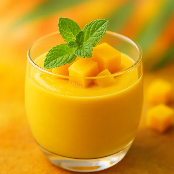 Discover a puzzle with a creamy mango smoothie in a clear glass, topped with neat mango cubes and a fresh green mint leaf.