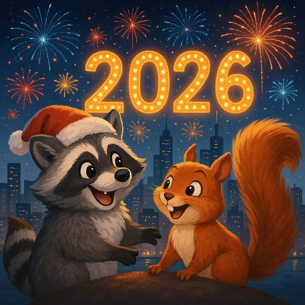 Enjoy assembling a puzzle depicting a charming festive scene with a cheerful raccoon in a Santa hat and a bright-eyed squirrel beneath glowing marquee numbers r