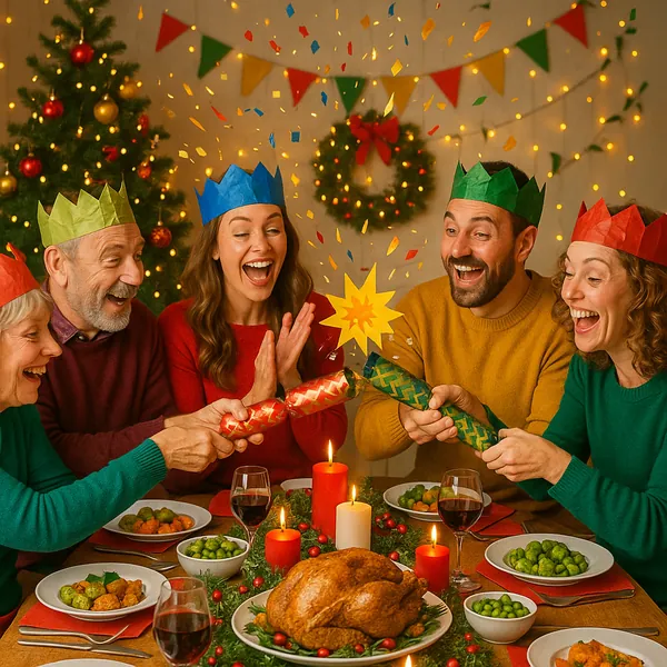 Enjoy assembling a puzzle depicting a cheerful holiday dinner scene with family members wearing colorful paper crowns and pulling festive crackers around a tabl