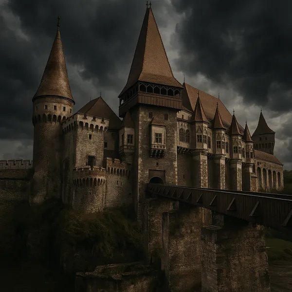 Discover a puzzle with a dramatic medieval castle set against brooding, stormy skies — weathered stone walls, tall conical towers, and a wooden bridge rendered