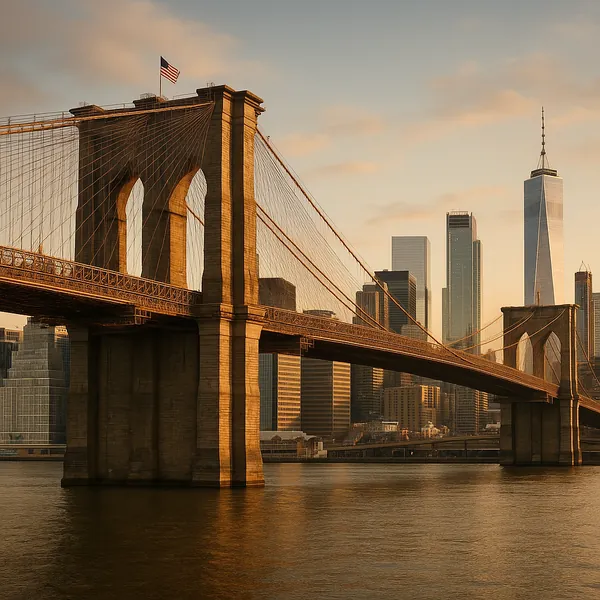 Discover a puzzle with a sunlit view of an iconic suspension bridge stretching across calm waters toward a modern city skyline.