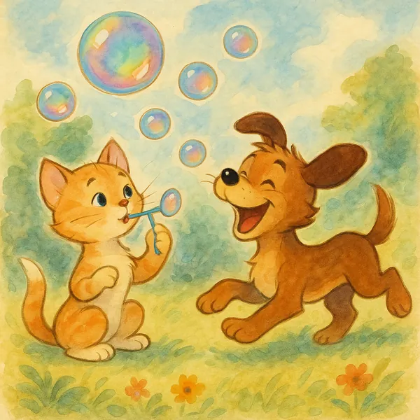 Enjoy assembling a puzzle depicting a watercolor scene of a playful orange kitten blowing iridescent bubbles while a joyful brown puppy prances nearby in a sunn