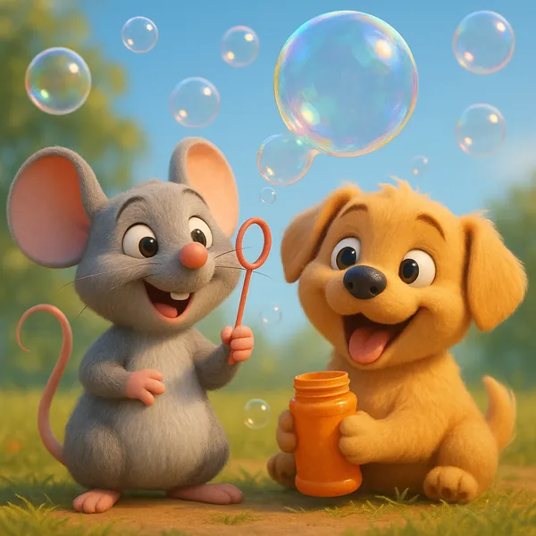 Enjoy assembling a puzzle depicting an adorable gray mouse and a golden puppy blowing iridescent bubbles together in a sunny meadow.