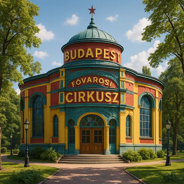 Discover a puzzle with a charming, round circus building crowned with a teal dome and a small red star, proudly labeled "Budapest Fővárosi Cirkusz." Bright, war
