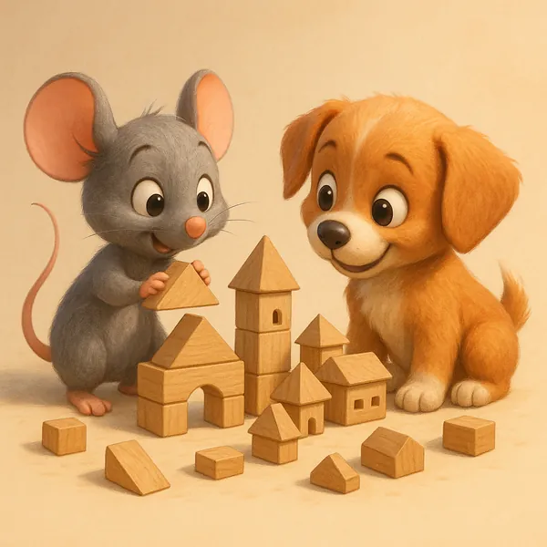 Discover a puzzle with an adorable cartoon mouse and puppy building a tiny village from wooden blocks.