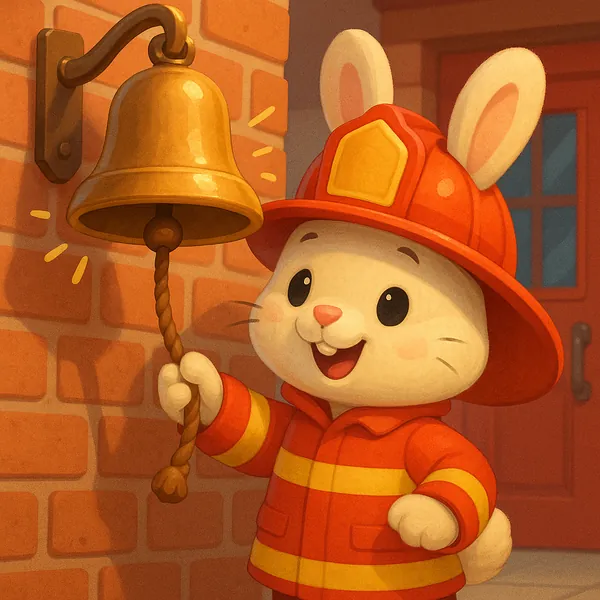Enjoy assembling a puzzle depicting a cheerful bunny dressed as a firefighter ringing a shiny brass bell against a warm brick wall.