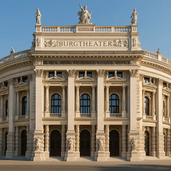 Enjoy assembling a puzzle depicting the elegant Burgtheater facade in Vienna, with its warm beige stone, graceful columns, sculpted statues, and ornate neoclass