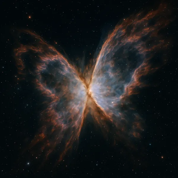 Discover a puzzle with a butterfly-shaped nebula floating in deep space, its delicate wings formed by wispy clouds of blue and copper-orange gas against a field