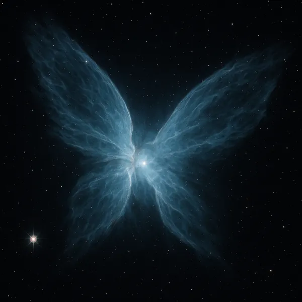 Discover a puzzle with a luminous, butterfly-shaped nebula set against the deep black of space.