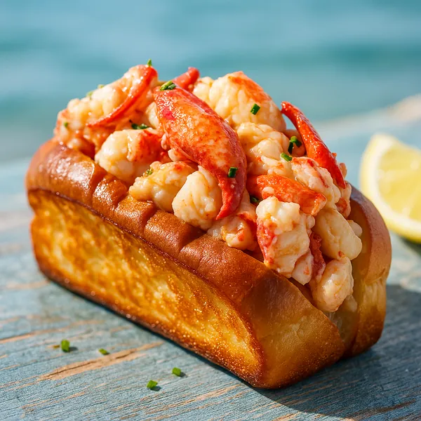 Discover a puzzle with a close-up of a golden, toasted lobster roll piled high with chunky, buttery lobster meat and bright red claws, lightly sprinkled with ch