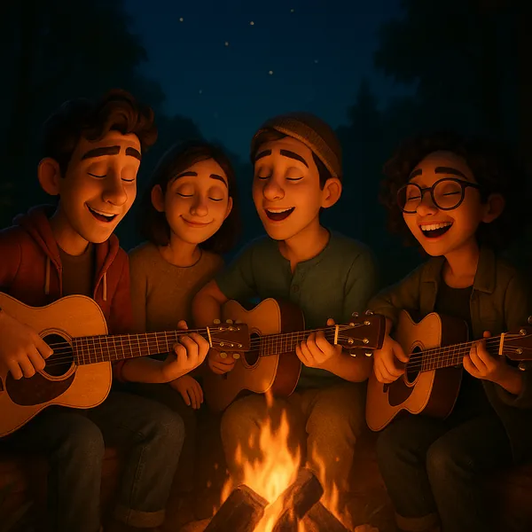Here’s an online jigsaw puzzle you can play in your browser, focused on a cozy campfire music scene that blends themes of friends, music, and nature.