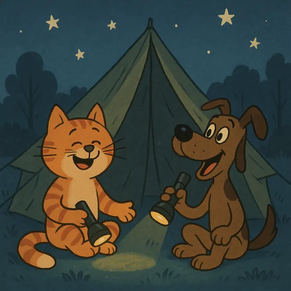 Enjoy assembling a puzzle depicting a cozy nighttime camping scene with a cheerful orange tabby and a playful brown dog sitting in front of a green tent.