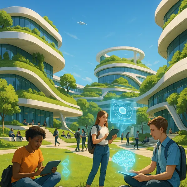 Enjoy an online jigsaw puzzle designed for browser play, featuring a sunlit, futuristic campus where sleek architecture, lush greenery, and modern technology bl