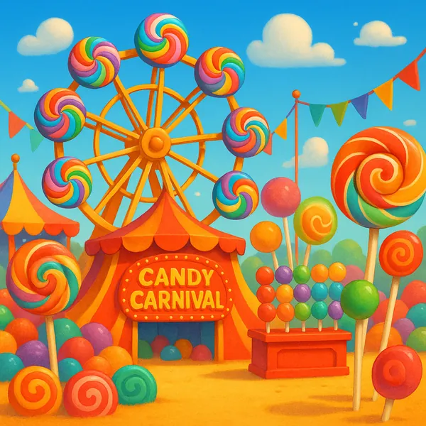 Enjoy an online jigsaw puzzle designed for browser play, featuring a cheerful candy-themed carnival full of sweets and bright colors.