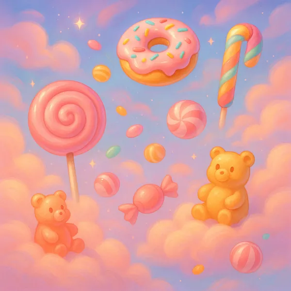 Enjoy an online jigsaw puzzle designed for browser play, featuring a whimsical scene of sweets and cuddly bears — a charming food-and-animals themed illustratio