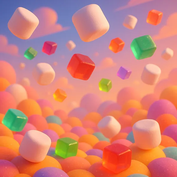 This online jigsaw puzzle features a whimsical food-themed scene of marshmallows and colorful gummy cubes floating above a soft, candy-colored landscape.