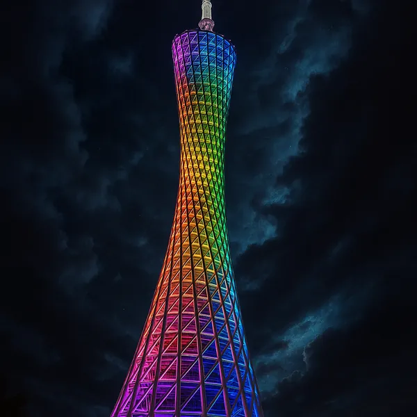 Discover a puzzle with a striking, twisting observation tower bathed in vivid rainbow lights against a deep, stormy night sky.