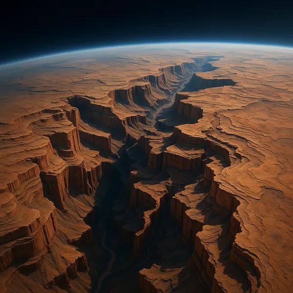 Enjoy assembling a puzzle depicting a dramatic, otherworldly canyon seen from high above, where rust-red and ochre cliffs tumble into a winding, shadowed gorge