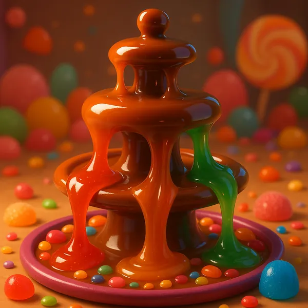 Enjoy an online jigsaw puzzle designed for browser play, featuring a whimsical candy and dessert scene centered on a glossy chocolate fountain drizzled with col