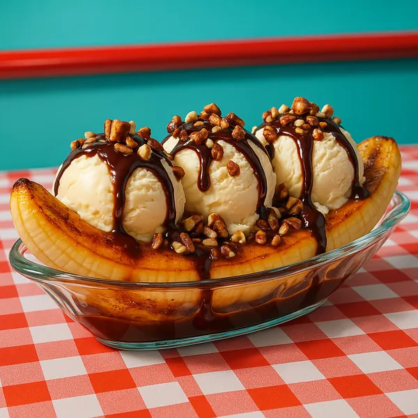 Discover a puzzle with a classic banana split—three creamy scoops of vanilla ice cream nestled in a caramelized banana, drizzled with glossy chocolate sauce and