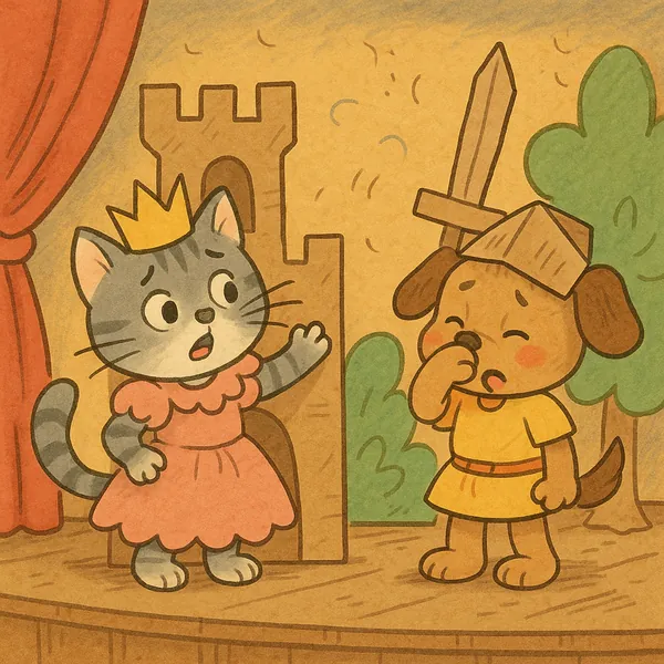 Discover a puzzle with an adorable storybook scene of a striped cat in a pink princess dress and paper crown facing a sleepy dog knight wearing a cardboard helm