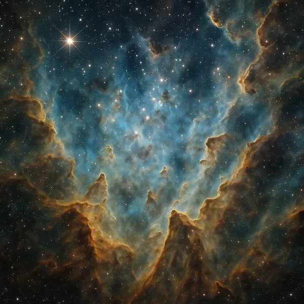 Discover a puzzle with a stunning cosmic nebula alive with deep blues, warm amber highlights, and countless sparkling stars set against the velvet black of spac