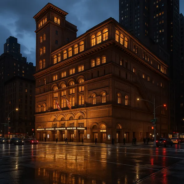 Discover a puzzle with a warmly lit historic brick building glowing against a deep blue, rainy evening sky.