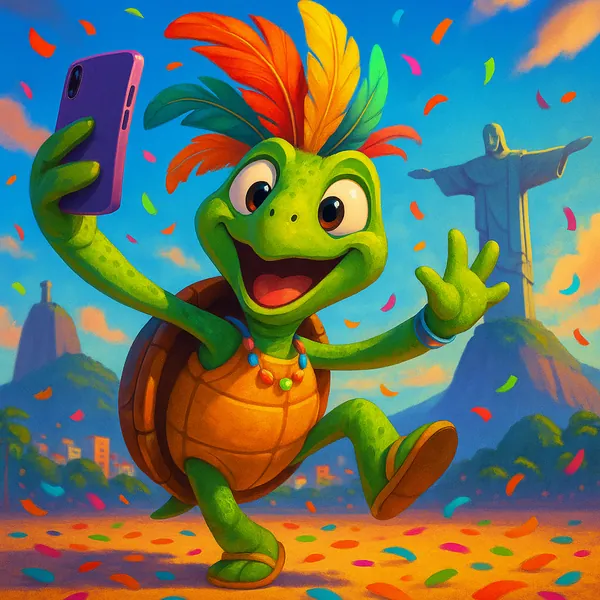 Enjoy assembling a puzzle depicting a joyful, cartoon turtle with a colorful feathered headdress taking a lively selfie amid confetti and sunshine by a famous m