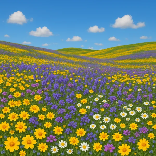 Discover a puzzle with a sunlit wildflower meadow stretching over gentle rolling hills under a bright blue sky dotted with fluffy white clouds.