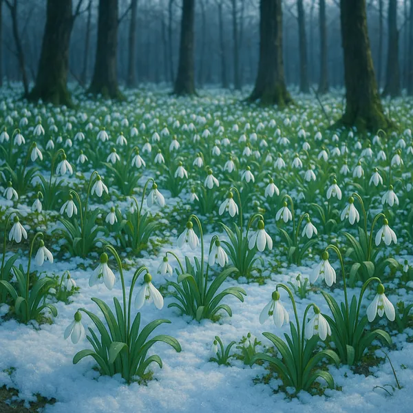 Discover a puzzle with a tranquil carpet of white snowdrops peeking through the last patches of snow in a misty woodland.