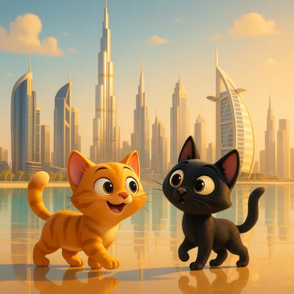 Discover a puzzle with two adorable cartoon kittens exploring a sunlit Dubai skyline on PuzzleFree.Game.