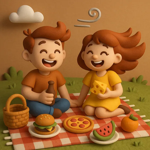 Discover a puzzle with a charming clay-style scene of a cheerful couple enjoying a picnic on a red-and-white checkered blanket.