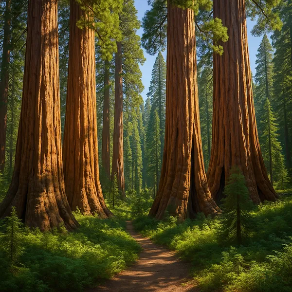 Enjoy an online jigsaw puzzle designed for browser play, featuring a serene forest scene of towering sequoias bathed in warm sunlight.