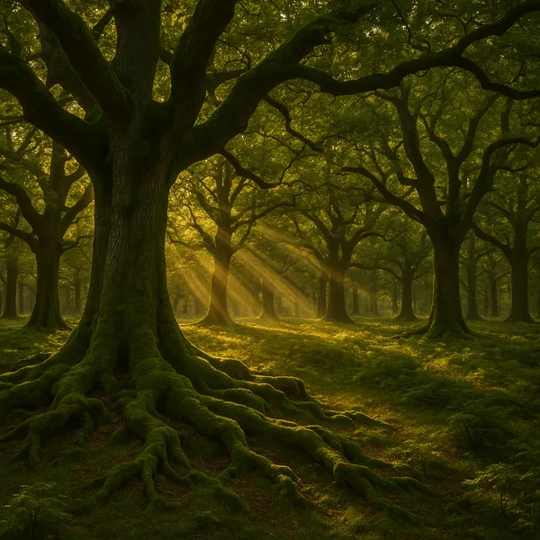 Enjoy assembling a puzzle depicting a mossy ancient oak grove bathed in warm golden sunbeams — deep greens and soft ambers weave through twisted roots, textured